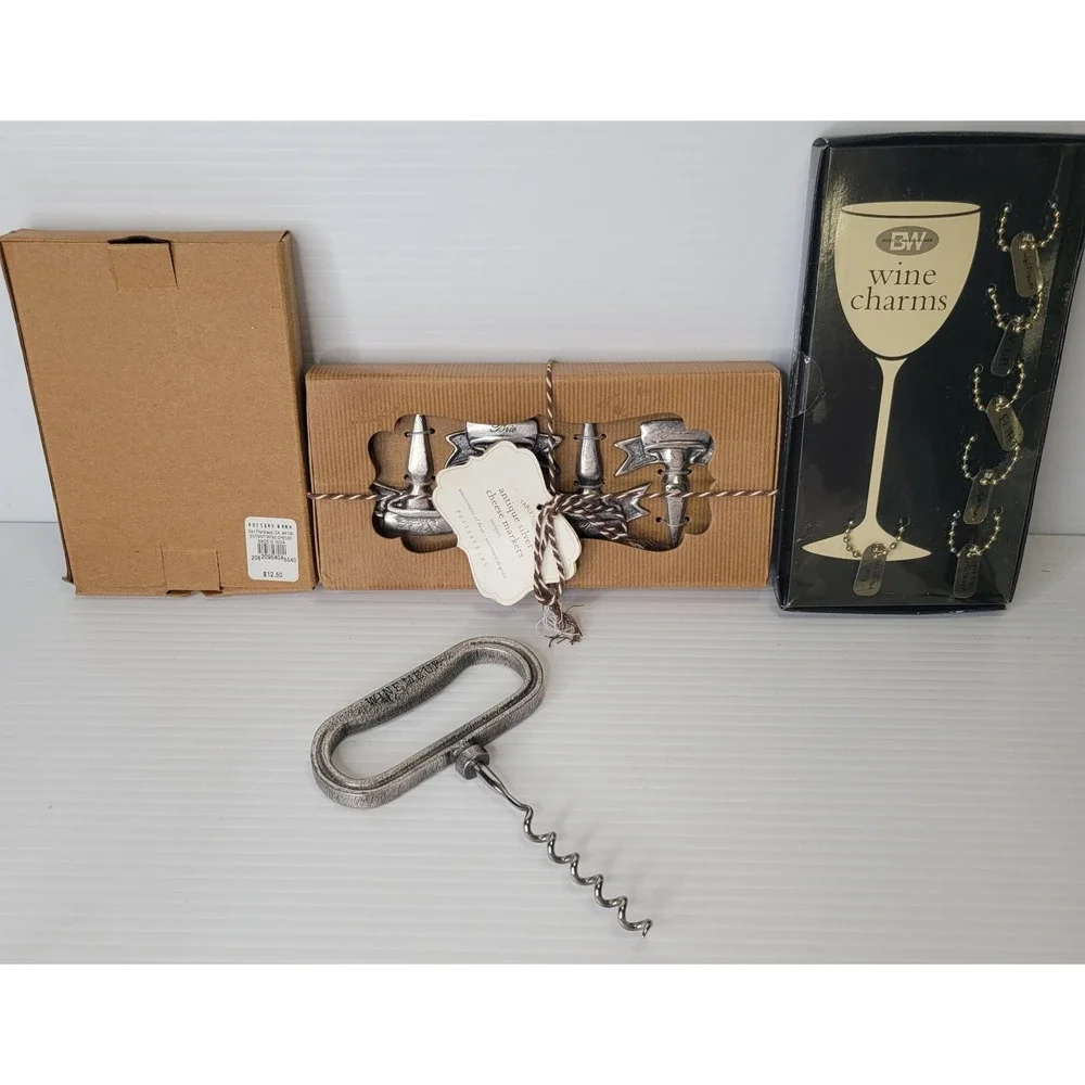 Pottery Barn Wine Pull Bottle Opener, Cheese Markers & Wine Charms New Old Stock